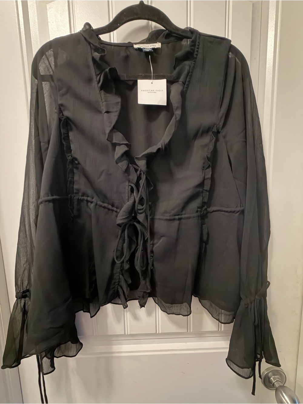 American Eagle Outfitters Black Sheer Ruffle Tie-Front Blouse